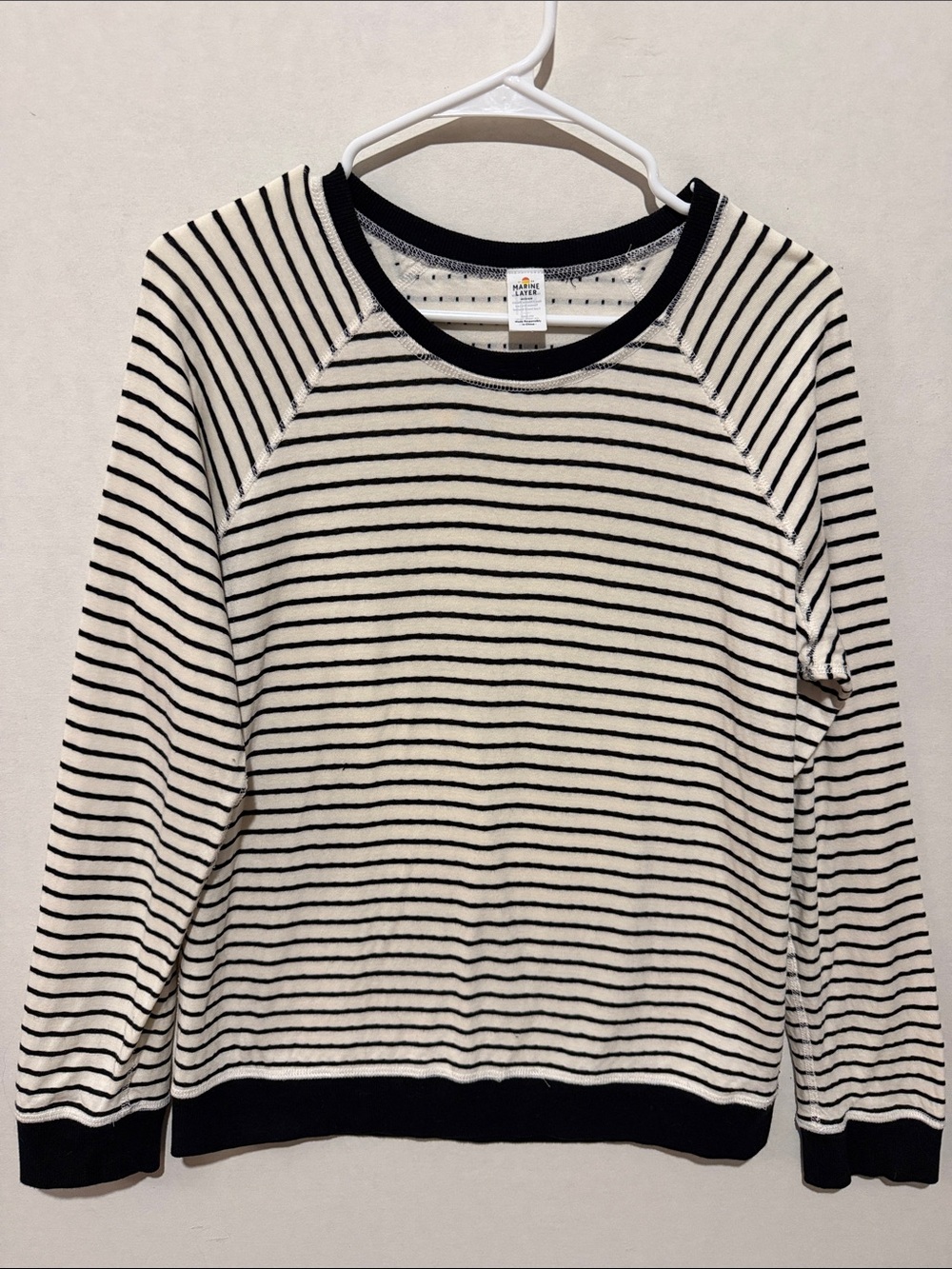 Marine Layer Black and Cream Striped Crewneck Sweater -Reversible to Polka Dots